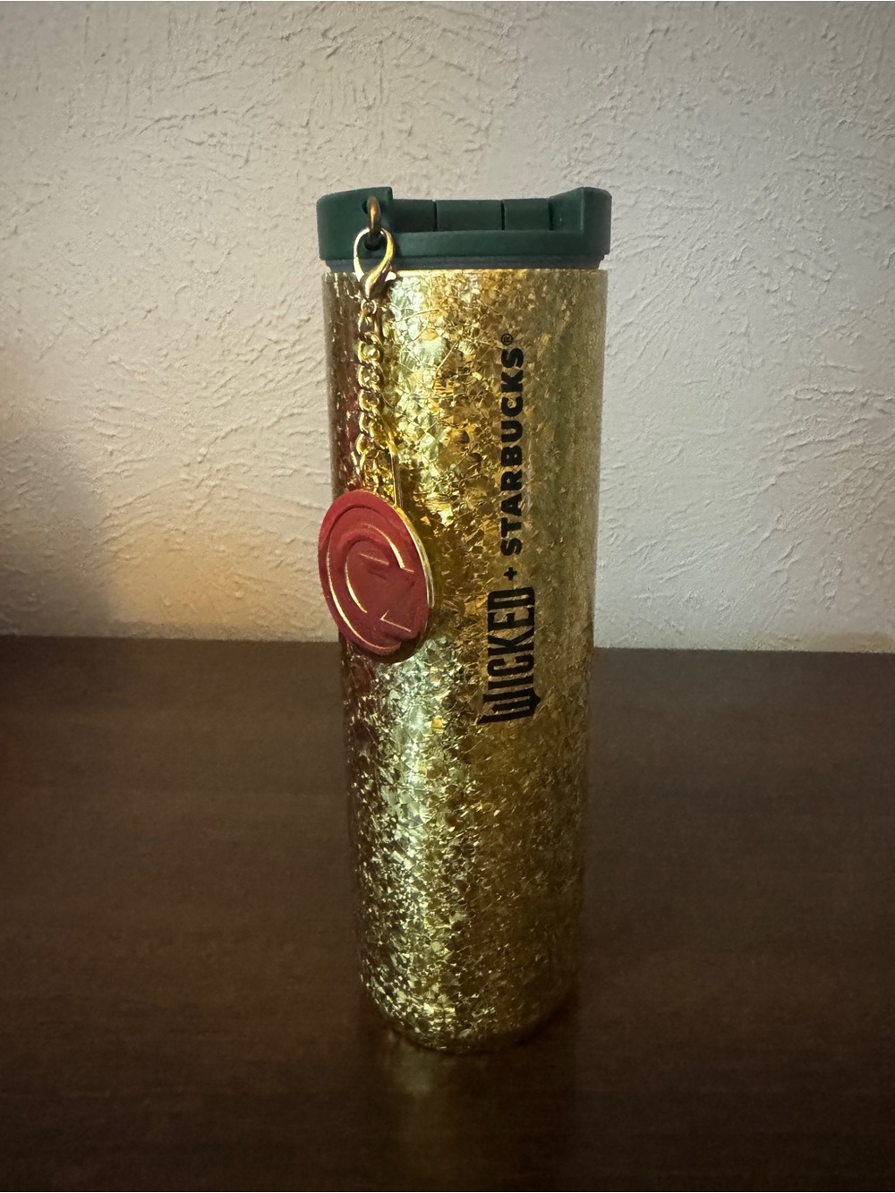 Starbucks Wicked Gold Glitter Tumbler with Green Lid and Wicked Charm